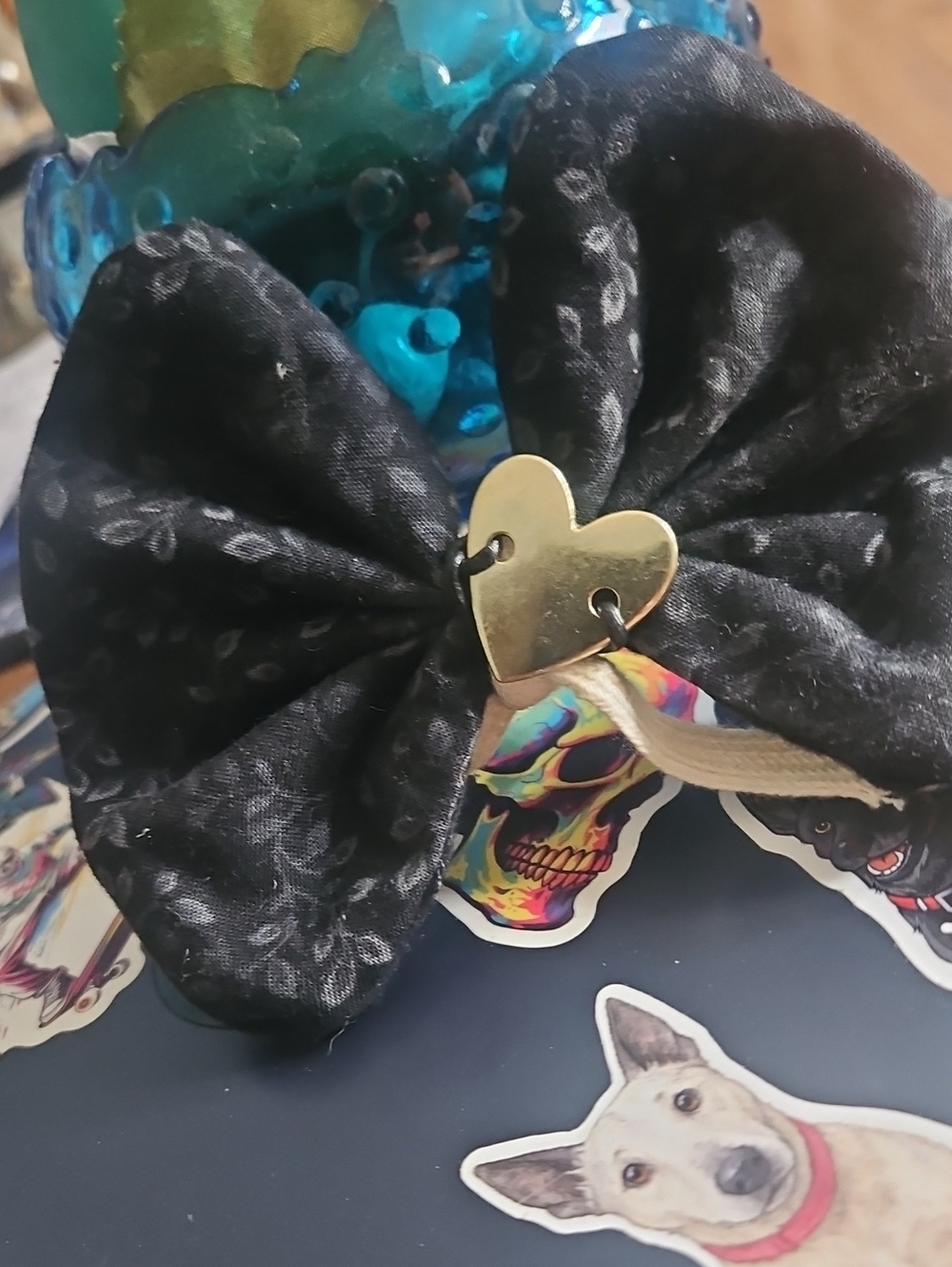 Hand Crafted Dog/Pet Collar Accent Bow Gold Heart NEW